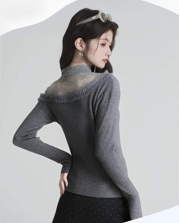 レースのレイヤード風スリムニットトップス Mc 626