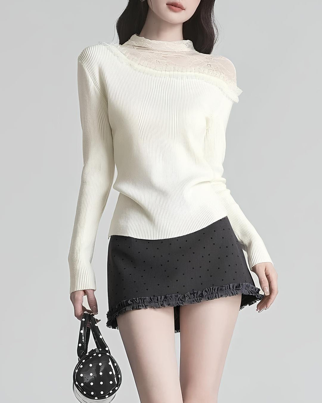 レースのレイヤード風スリムニットトップス Mc 626