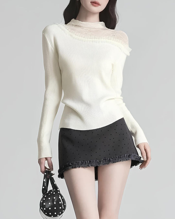 レースのレイヤード風スリムニットトップス Mc 626