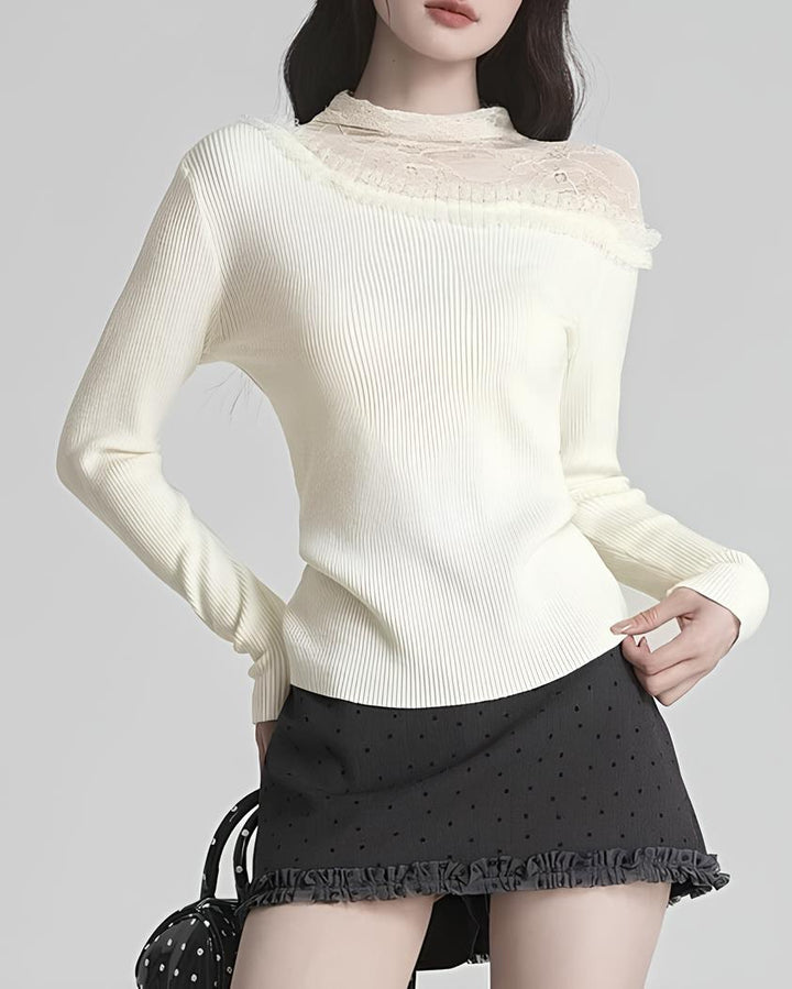 レースのレイヤード風スリムニットトップス Mc 626