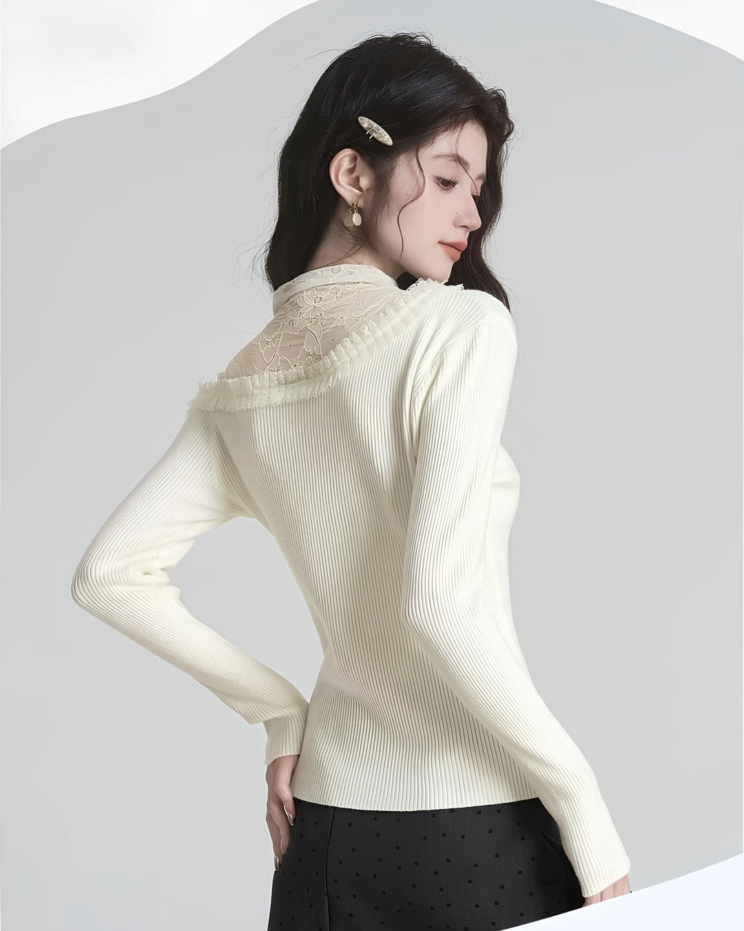 レースのレイヤード風スリムニットトップス Mc 626