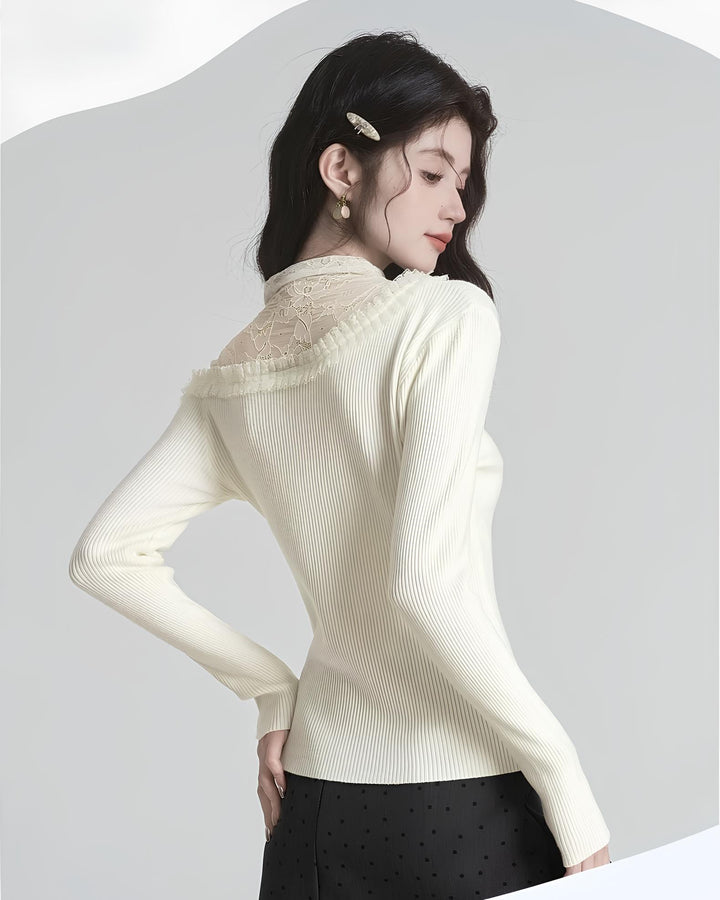 レースのレイヤード風スリムニットトップス Mc 626