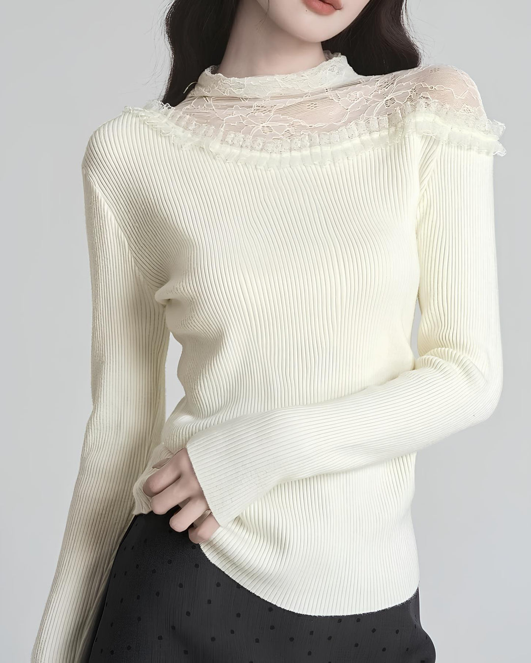 レースのレイヤード風スリムニットトップス Mc 626