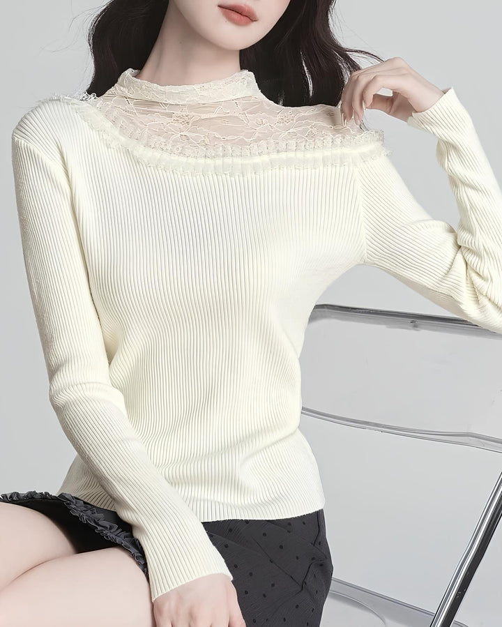 レースのレイヤード風スリムニットトップス Mc 626