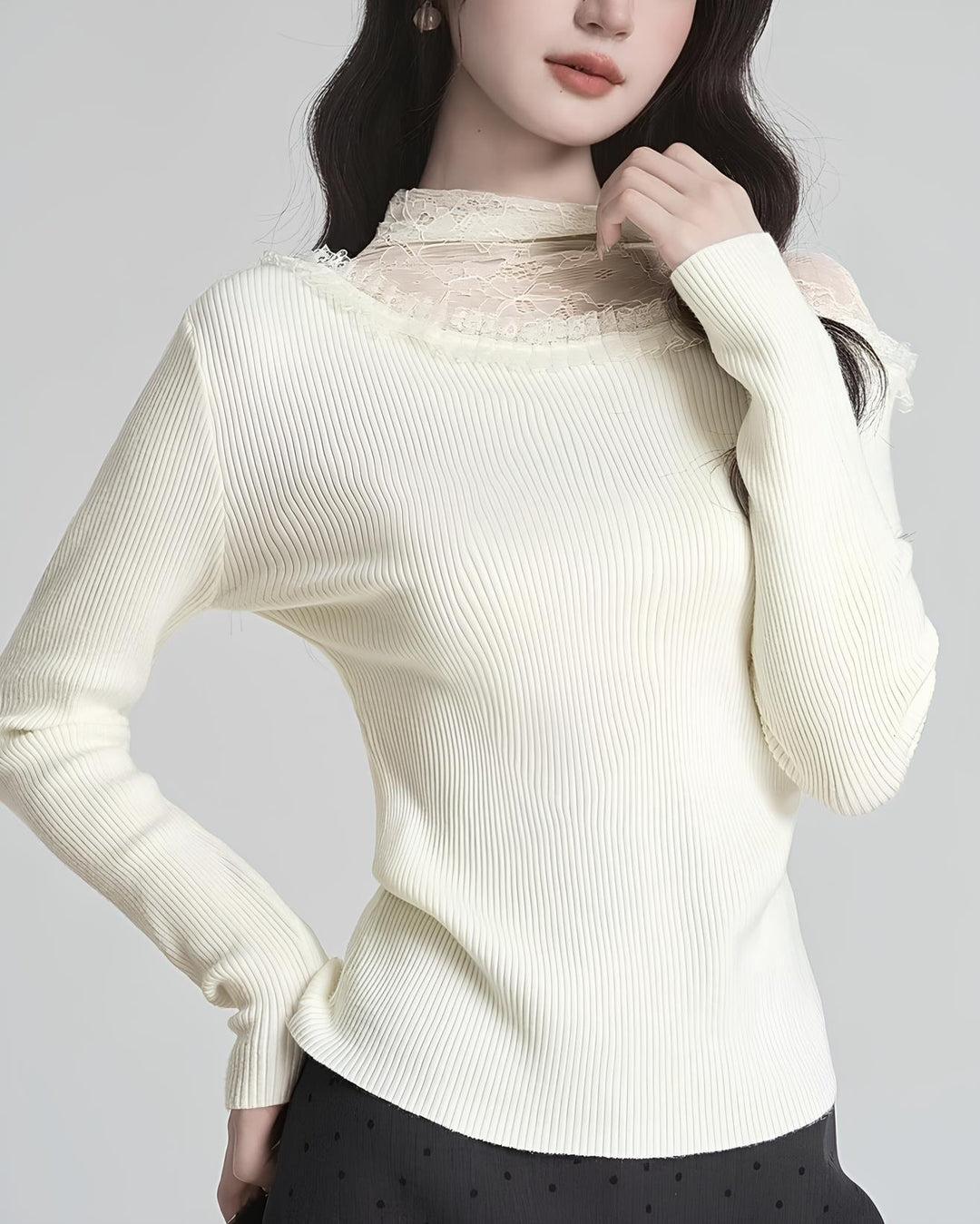 レースのレイヤード風スリムニットトップス Mc 626