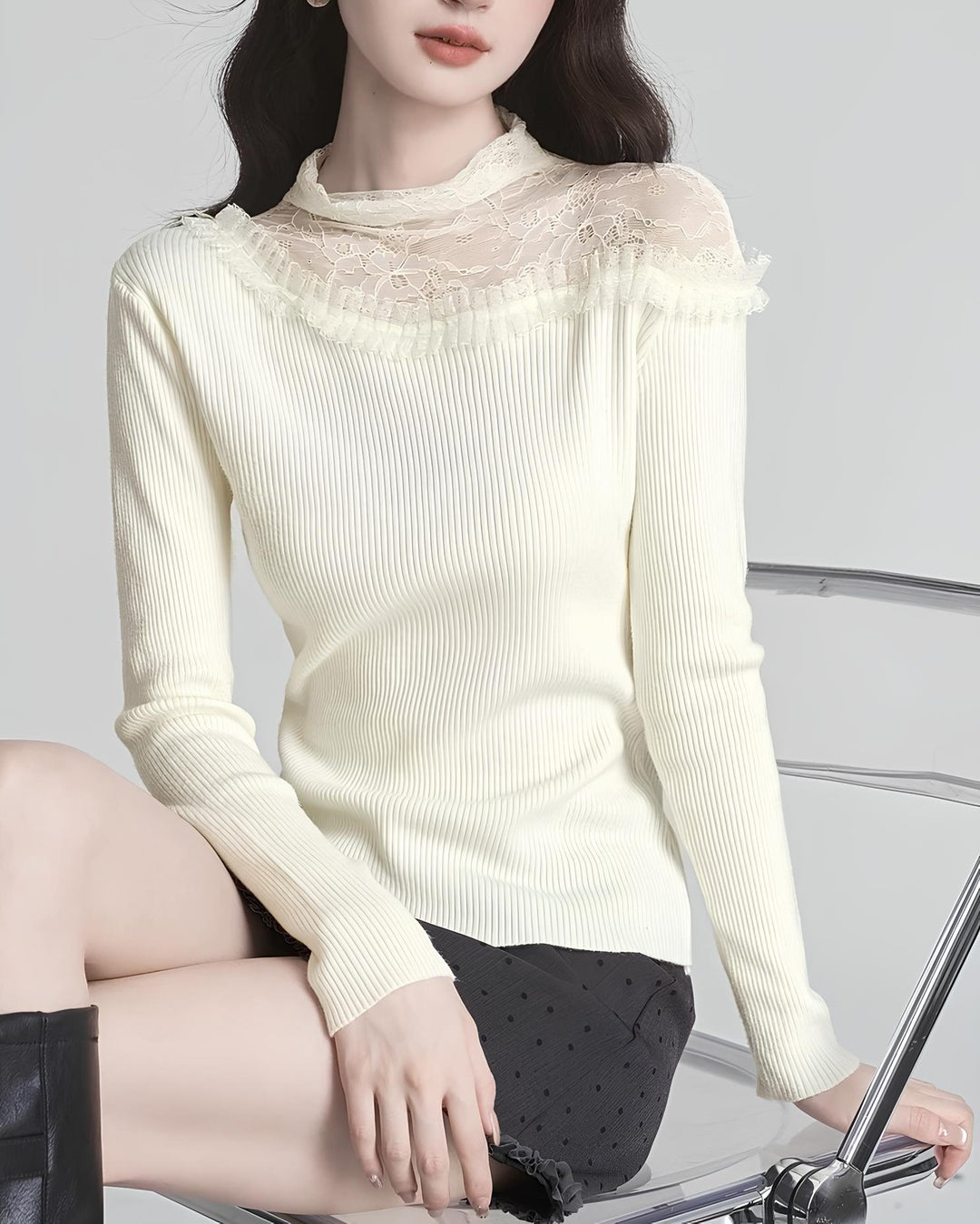 レースのレイヤード風スリムニットトップス Mc 626