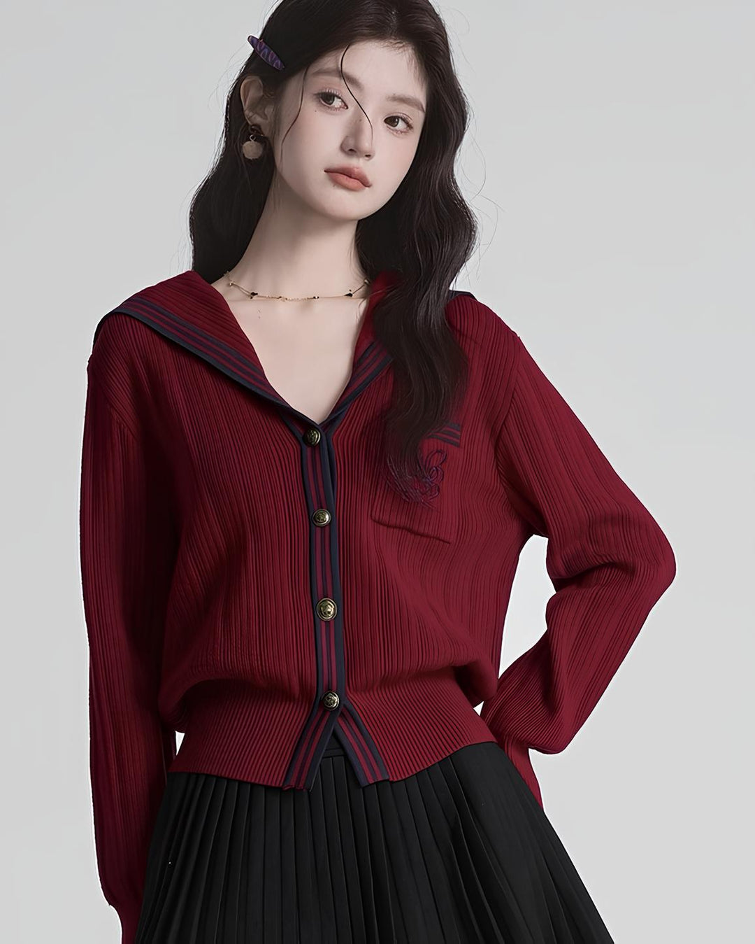 セーラーカラー配色リブニットカーディガン Mc 630