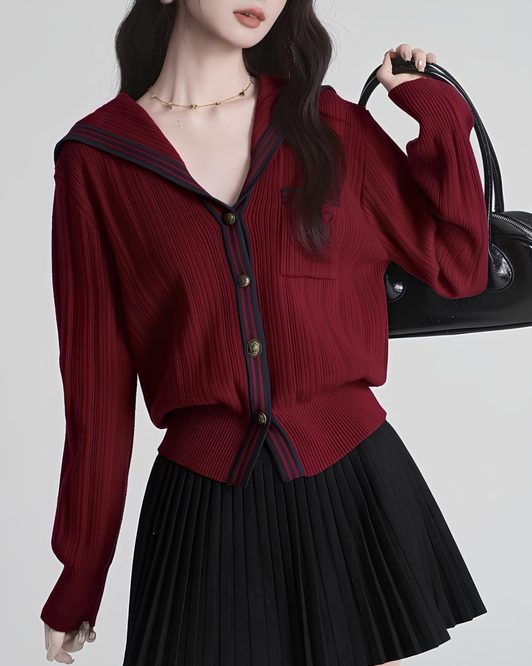 セーラーカラー配色リブニットカーディガン Mc 630