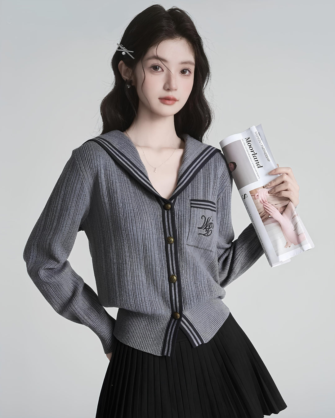 セーラーカラー配色リブニットカーディガン Mc 630