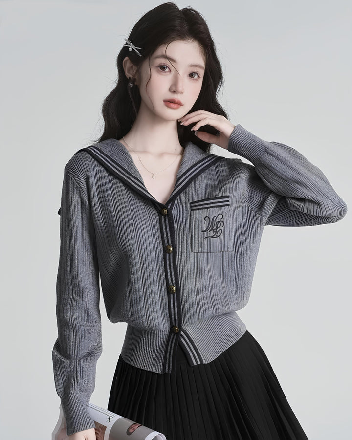 セーラーカラー配色リブニットカーディガン Mc 630