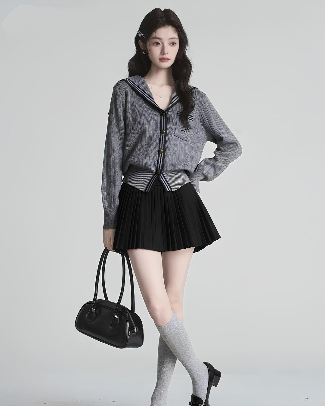 セーラーカラー配色リブニットカーディガン Mc 630