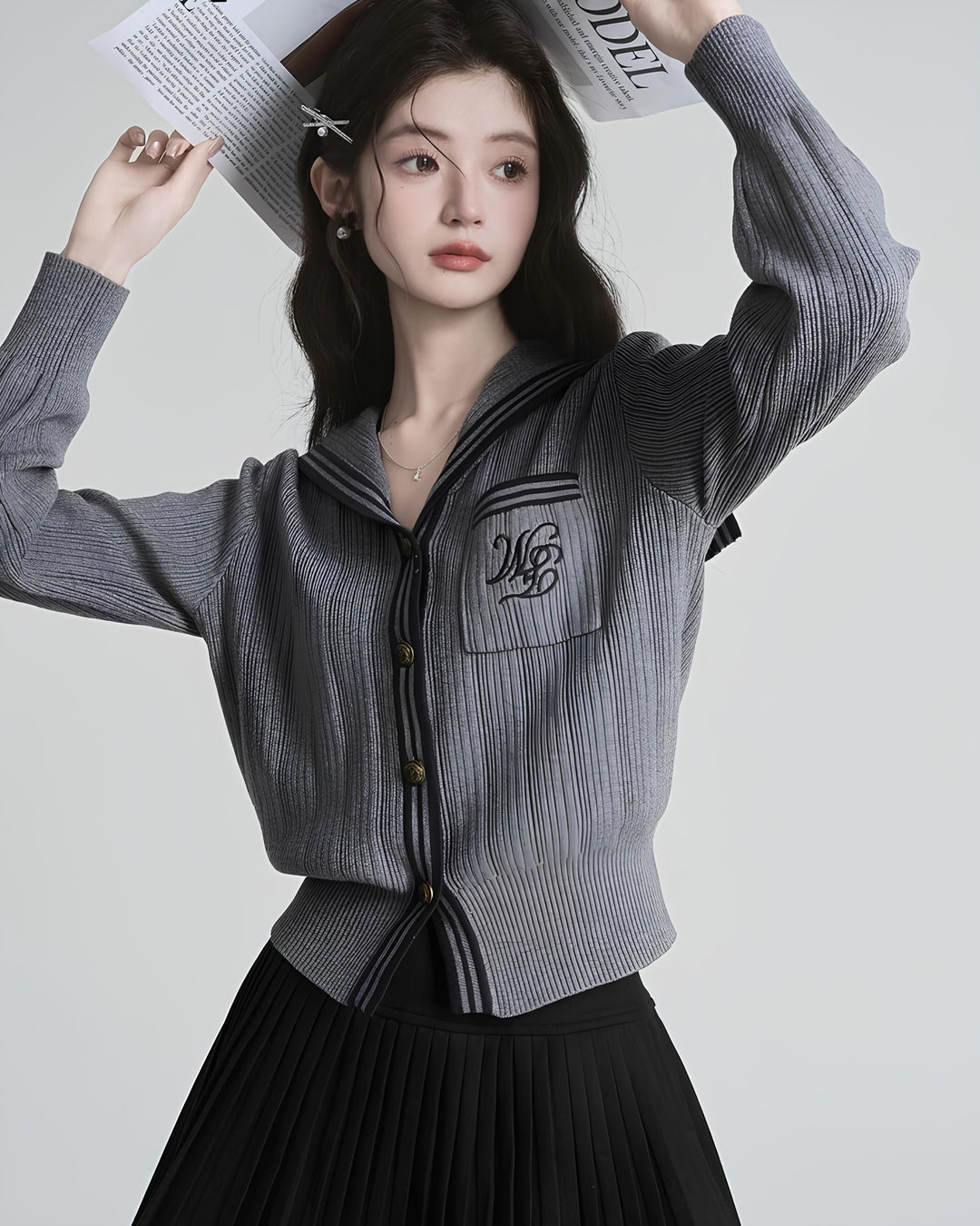 セーラーカラー配色リブニットカーディガン Mc 630