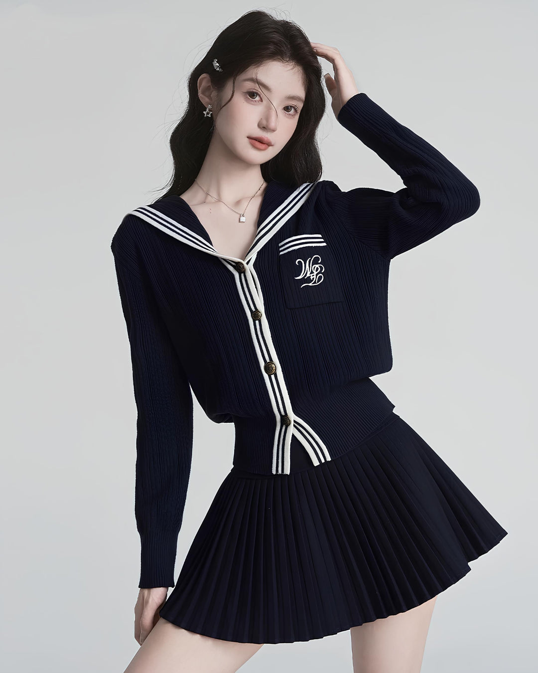 セーラーカラー配色リブニットカーディガン Mc 630