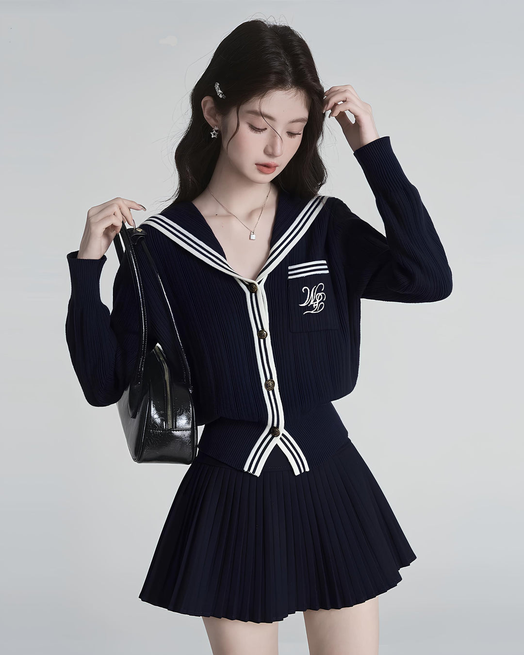 セーラーカラー配色リブニットカーディガン Mc 630