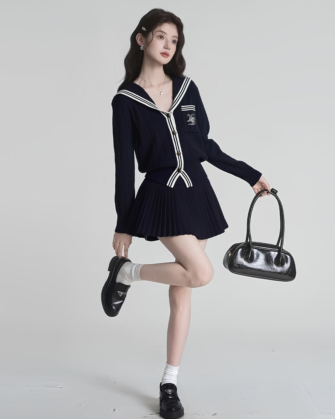 セーラーカラー配色リブニットカーディガン Mc 630