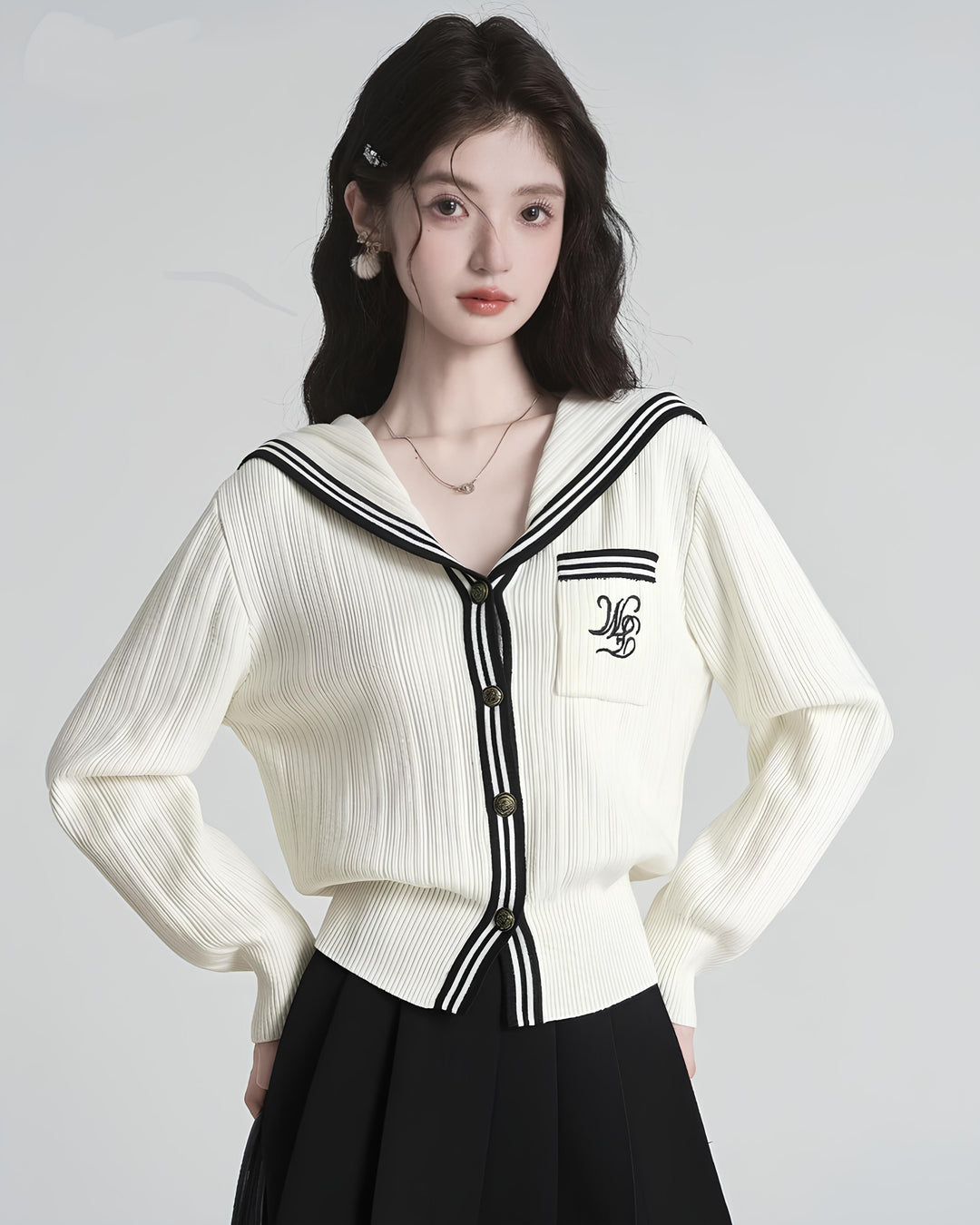 セーラーカラー配色リブニットカーディガン Mc 630