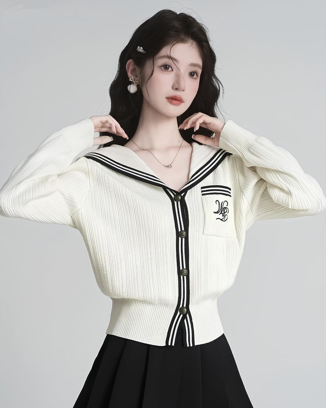 セーラーカラー配色リブニットカーディガン Mc 630