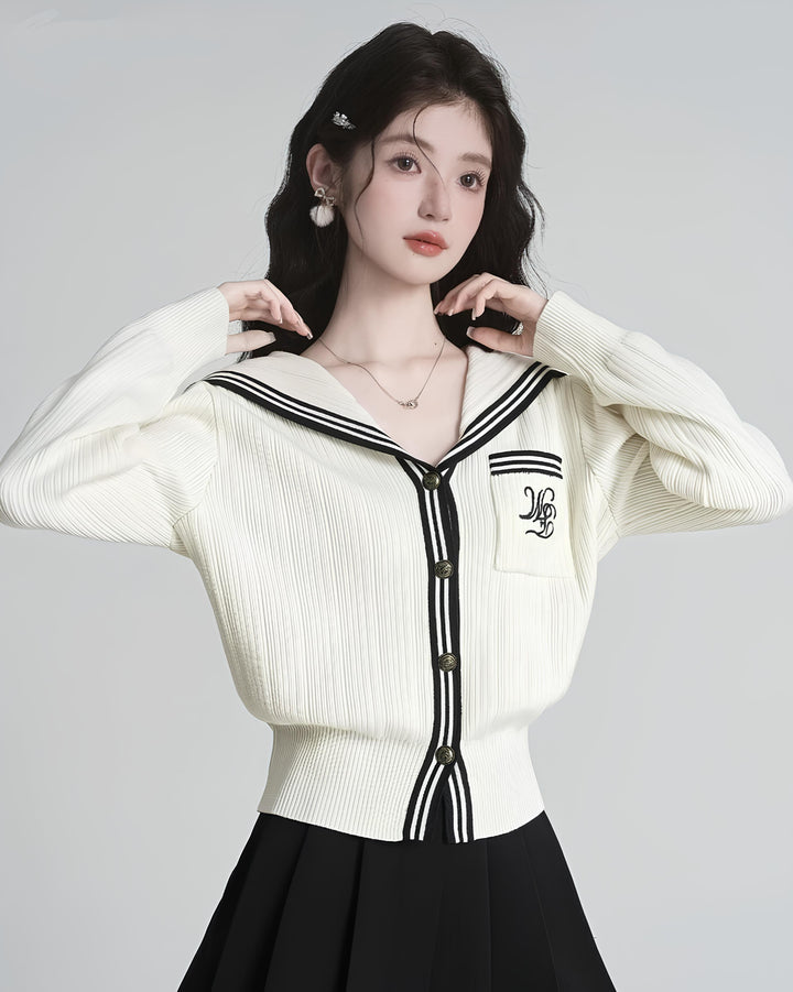 セーラーカラー配色リブニットカーディガン Mc 630