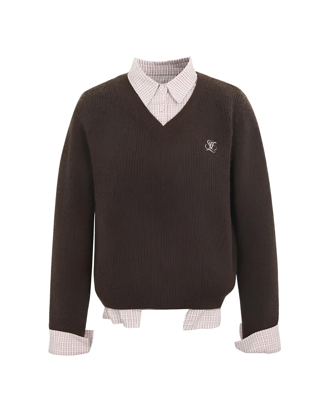 レイヤードチェックシャツ×Vネックニットトップス Mc 635