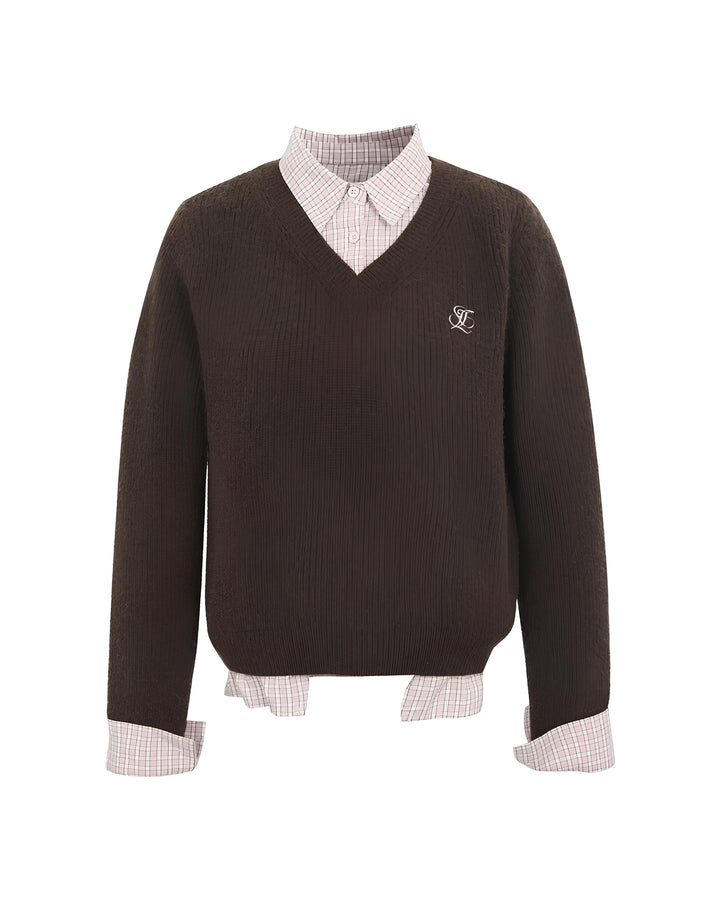 レイヤードチェックシャツ×Vネックニットトップス Mc 635