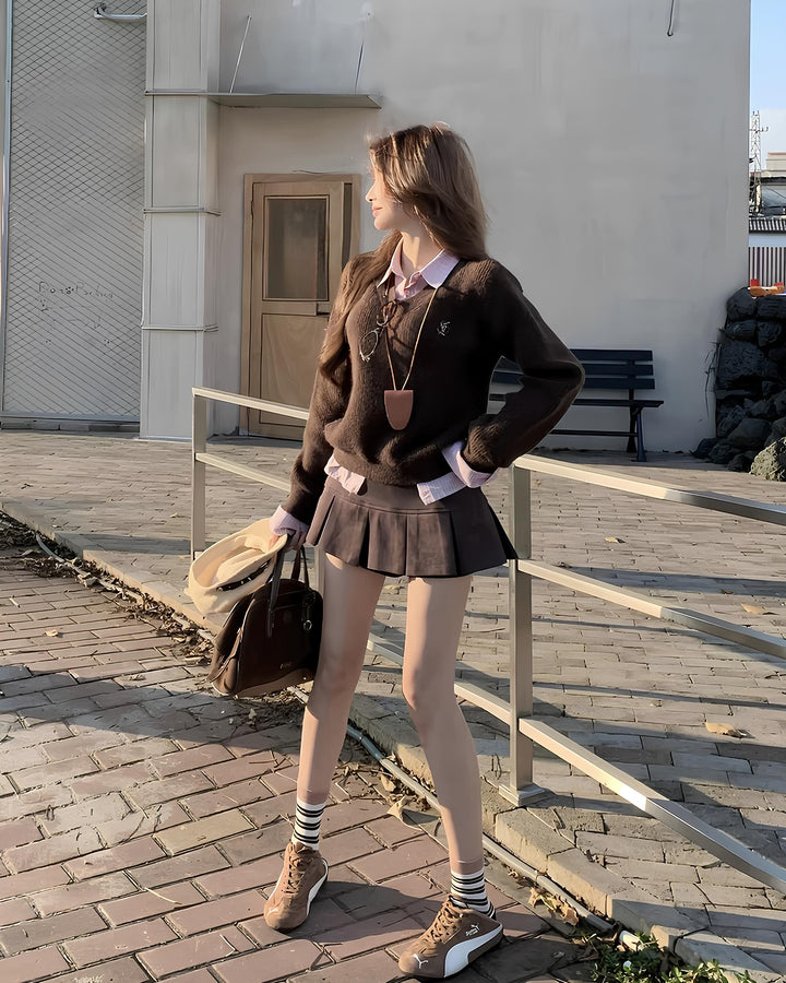 レイヤードチェックシャツ×Vネックニットトップス Mc 635