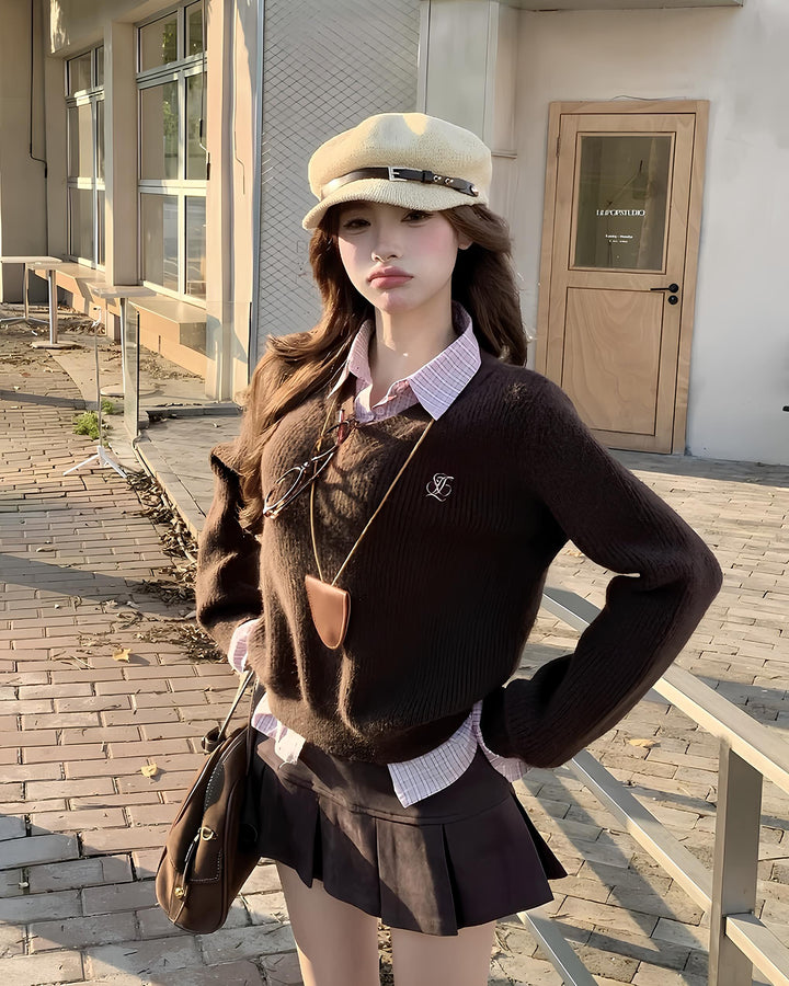 レイヤードチェックシャツ×Vネックニットトップス Mc 635