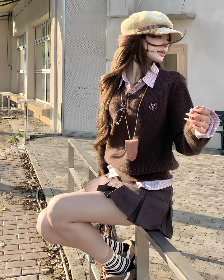 レイヤードチェックシャツ×Vネックニットトップス Mc 635