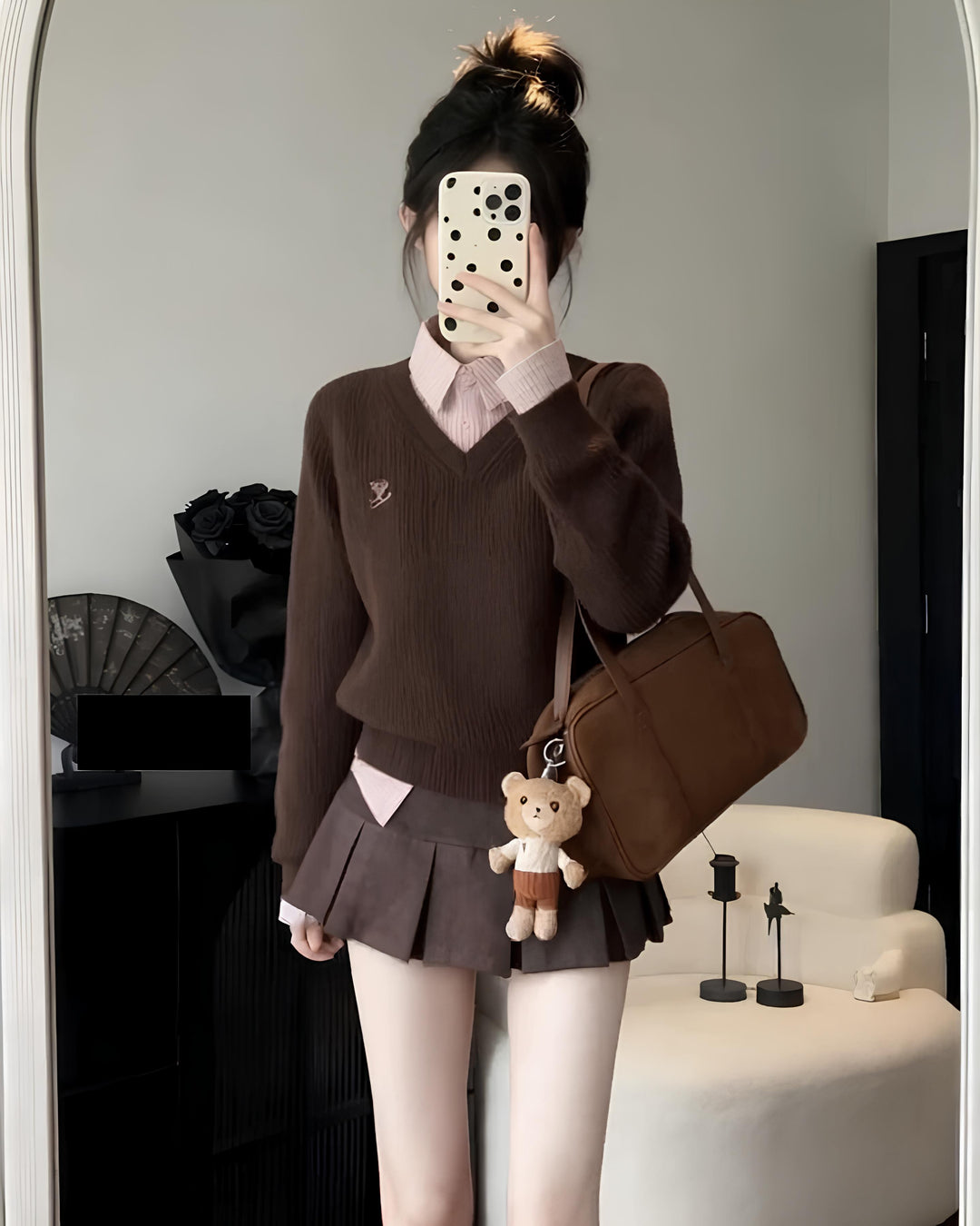 レイヤードチェックシャツ×Vネックニットトップス Mc 635