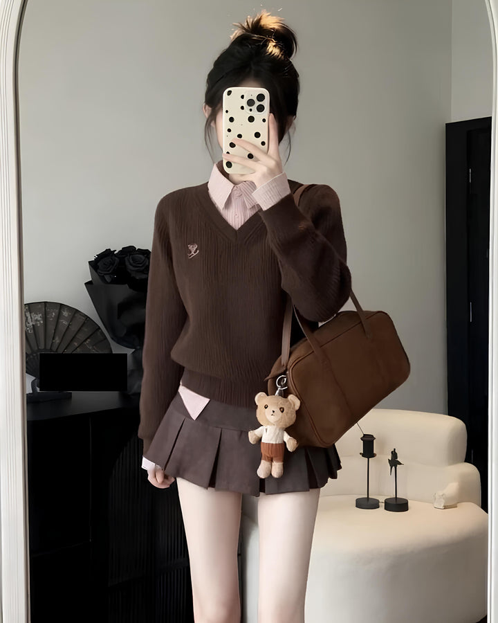 レイヤードチェックシャツ×Vネックニットトップス Mc 635