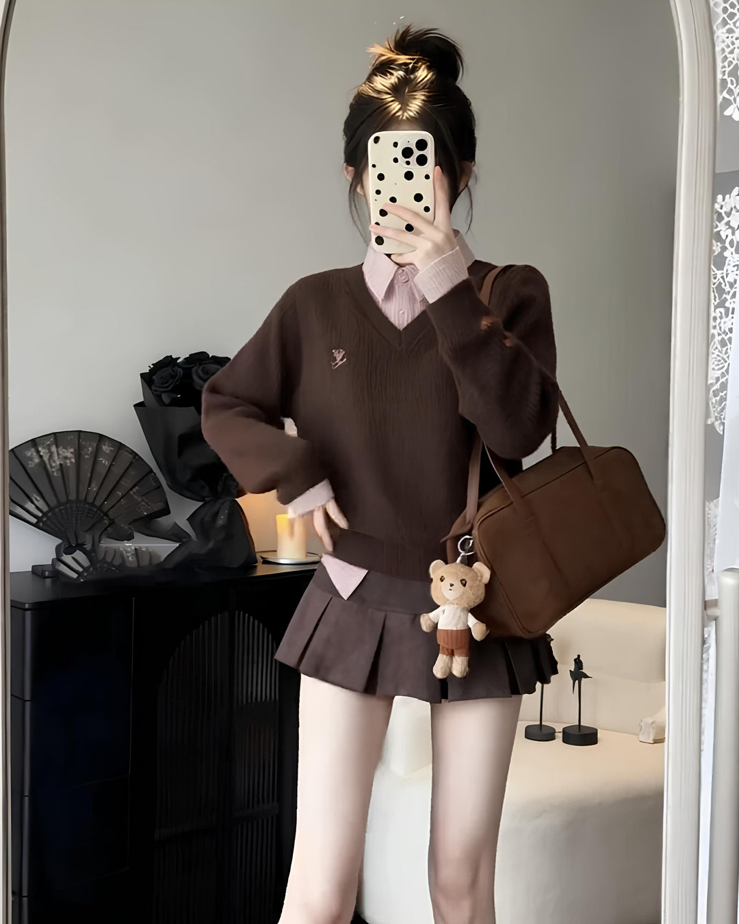 レイヤードチェックシャツ×Vネックニットトップス Mc 635