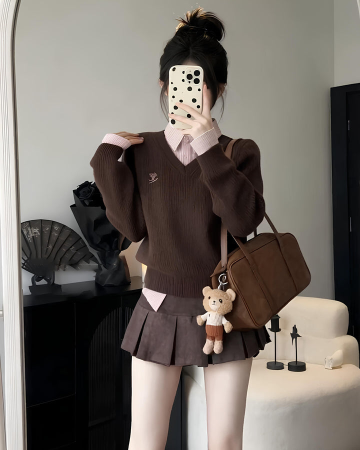 レイヤードチェックシャツ×Vネックニットトップス Mc 635