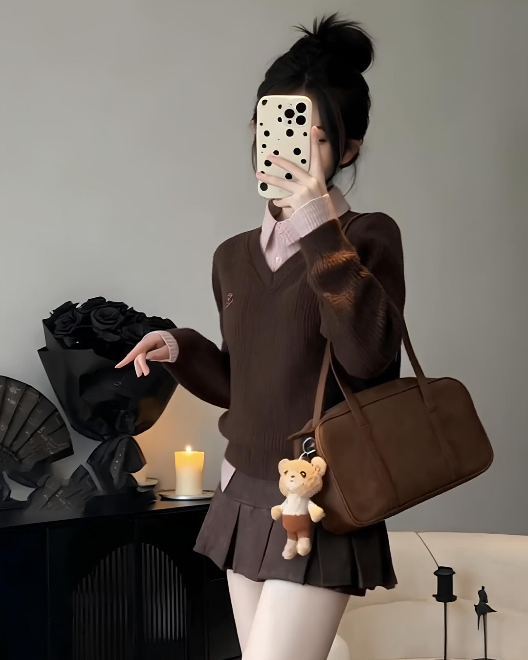 レイヤードチェックシャツ×Vネックニットトップス Mc 635