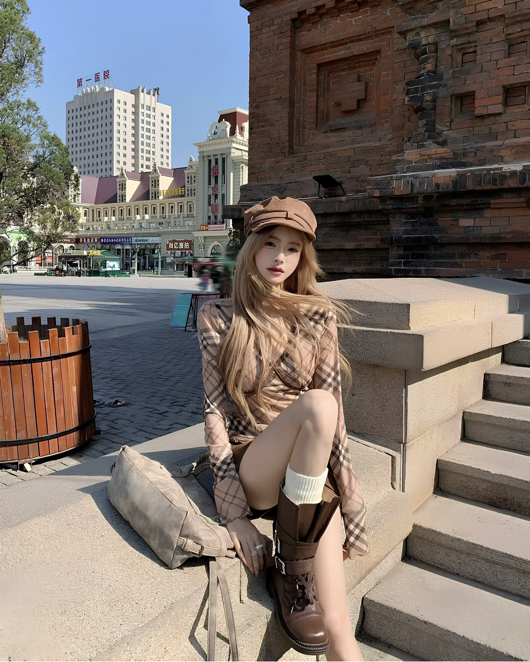 チェックアシメスリムトップス　Mc 642