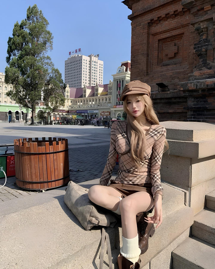 チェックアシメスリムトップス　Mc 642