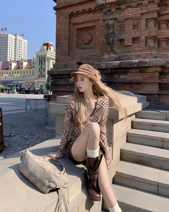 チェックアシメスリムトップス　Mc 642