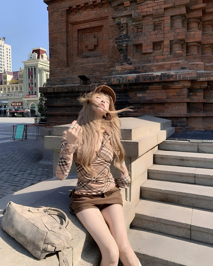 チェックアシメスリムトップス　Mc 642