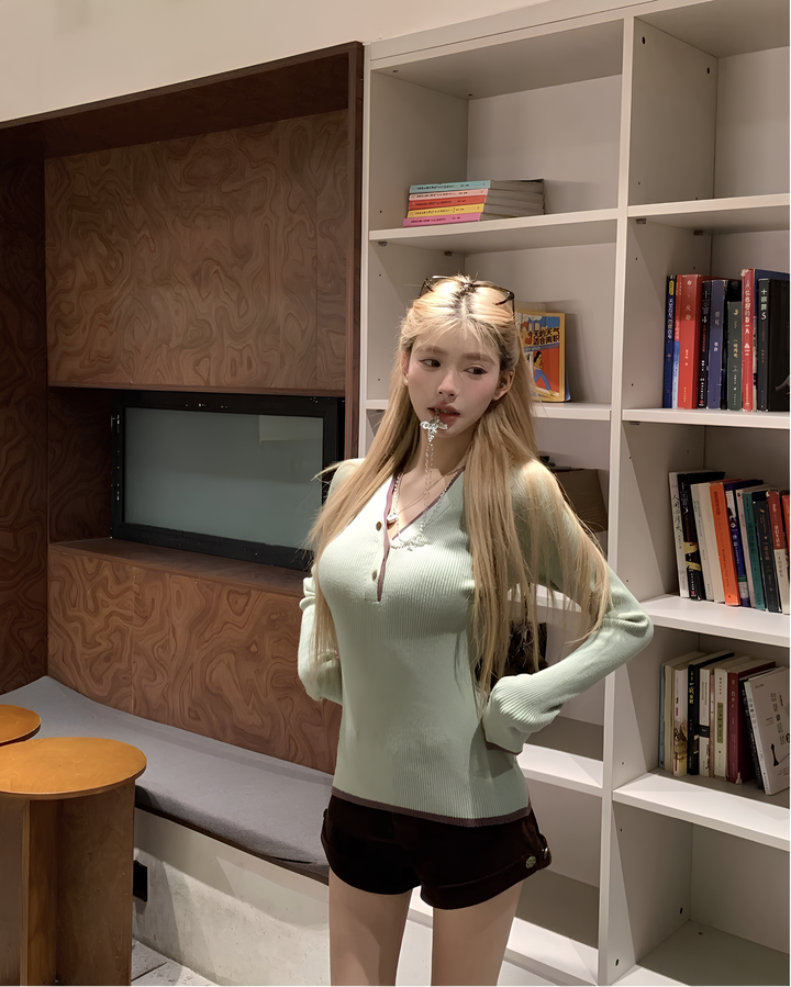 2way配色ヘンリーネックリブニットトップス Mc 643