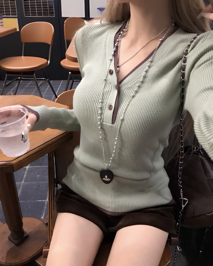 2way配色ヘンリーネックリブニットトップス Mc 643