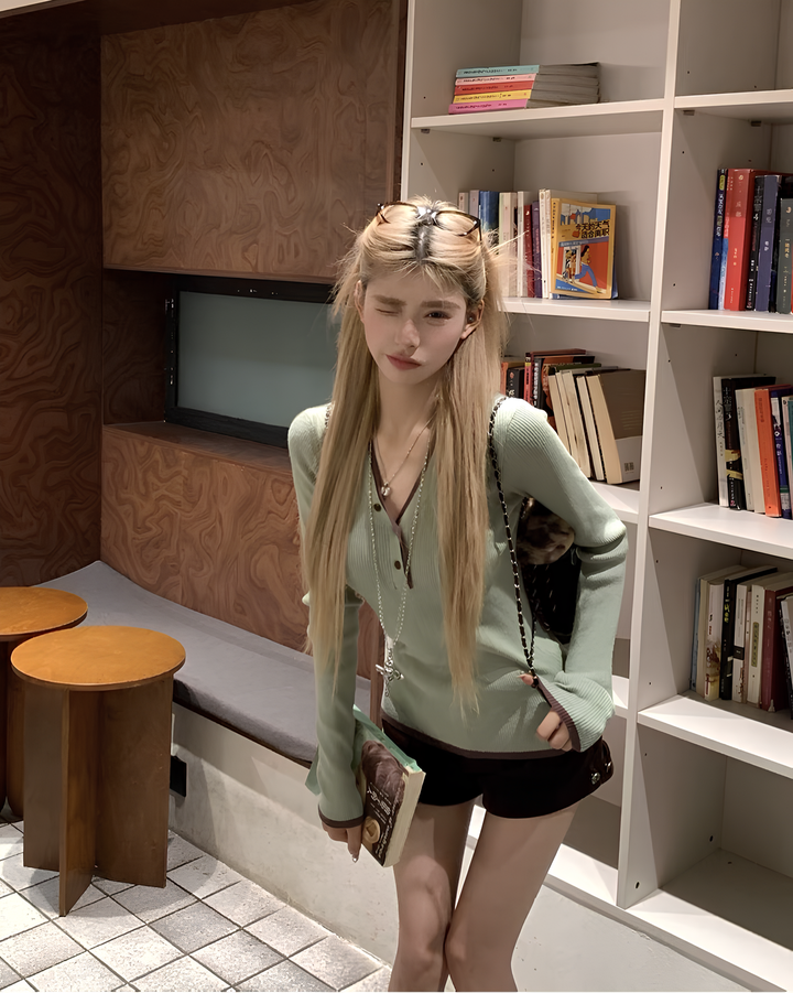 2way配色ヘンリーネックリブニットトップス Mc 643