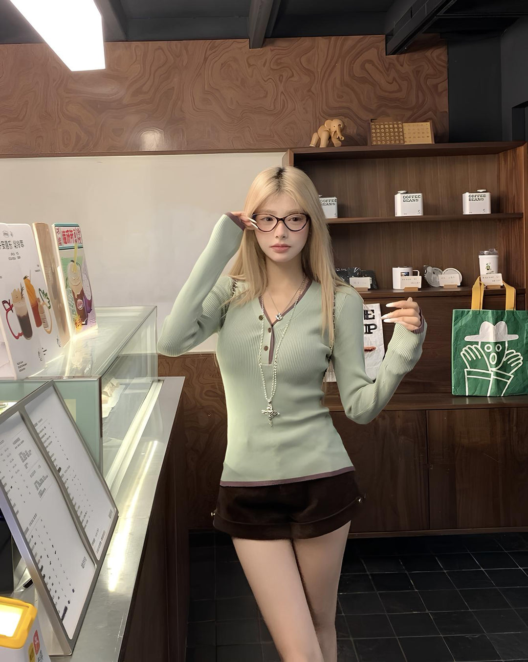 2way配色ヘンリーネックリブニットトップス Mc 643