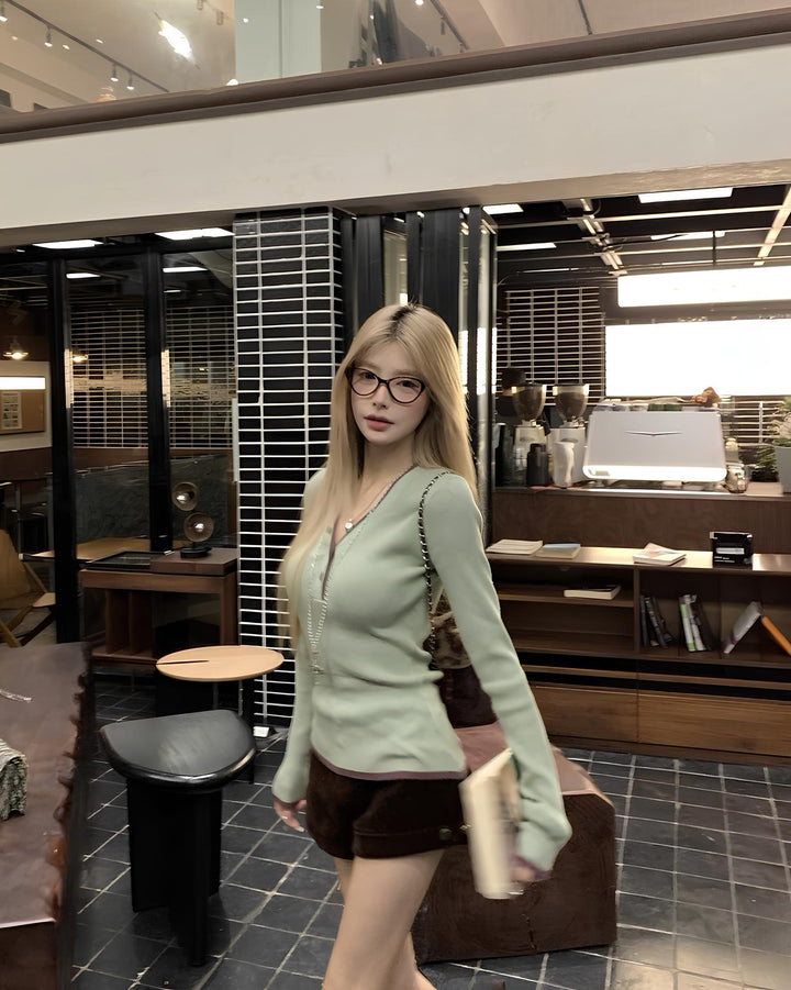 2way配色ヘンリーネックリブニットトップス Mc 643