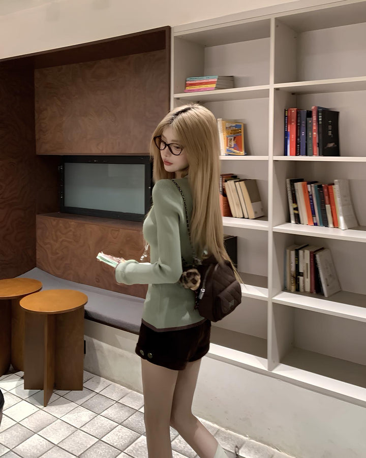 2way配色ヘンリーネックリブニットトップス Mc 643