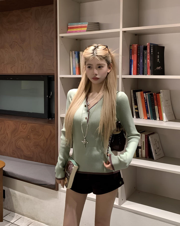 2way配色ヘンリーネックリブニットトップス Mc 643