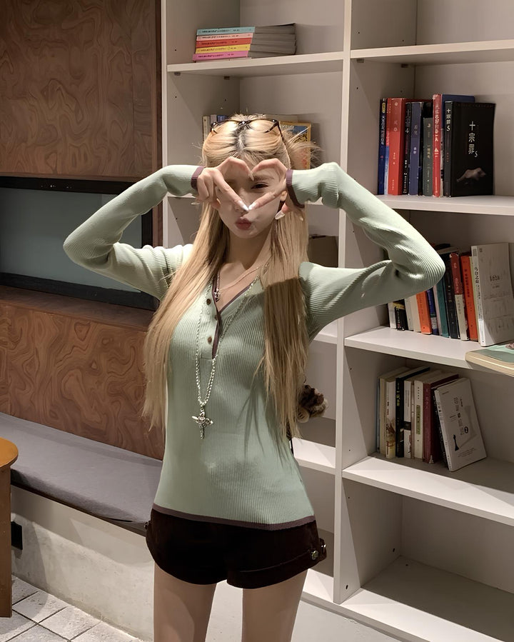 2way配色ヘンリーネックリブニットトップス Mc 643