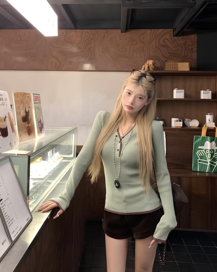 2way配色ヘンリーネックリブニットトップス Mc 643