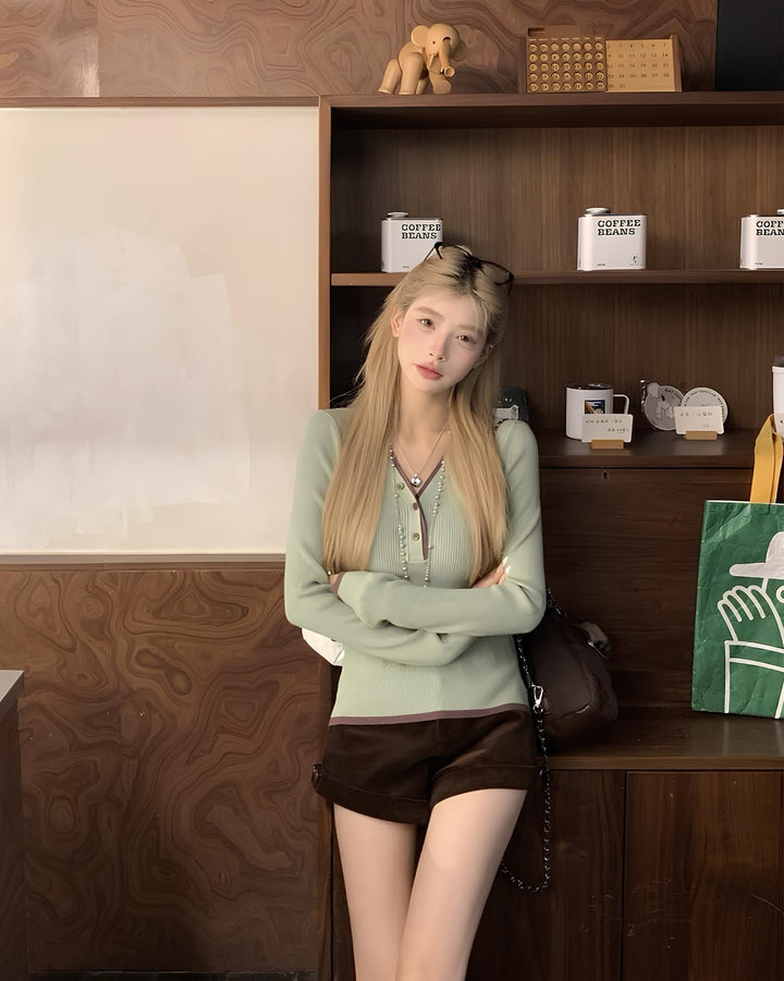 2way配色ヘンリーネックリブニットトップス Mc 643