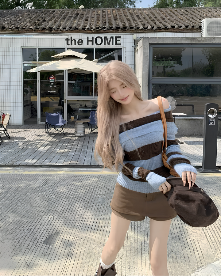 オフショルボーダーニットトップス Mc 644