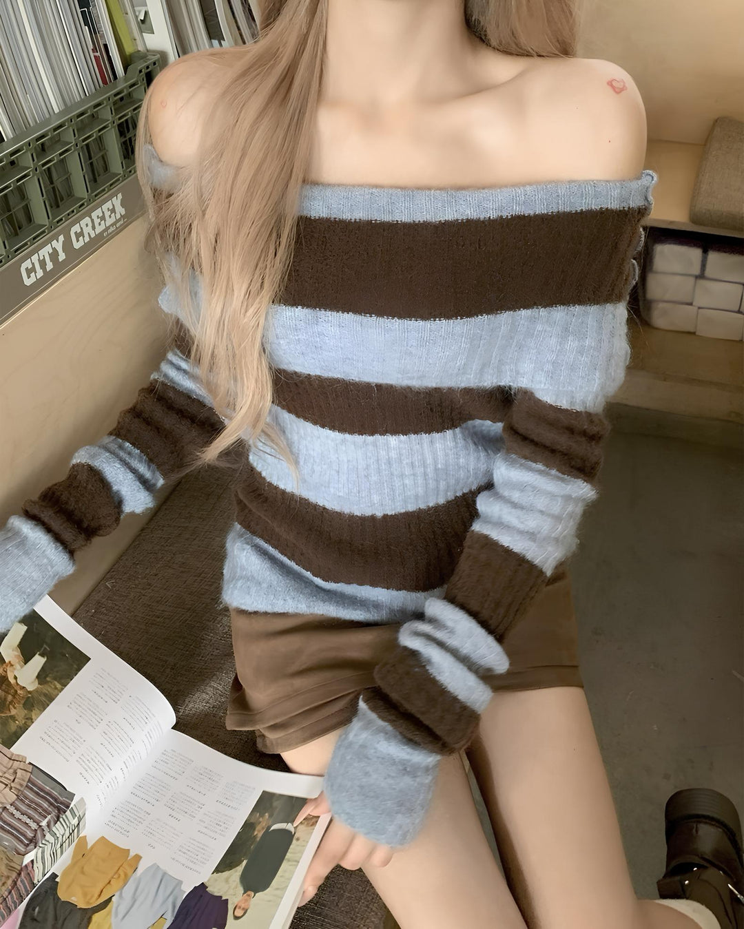 オフショルボーダーニットトップス Mc 644