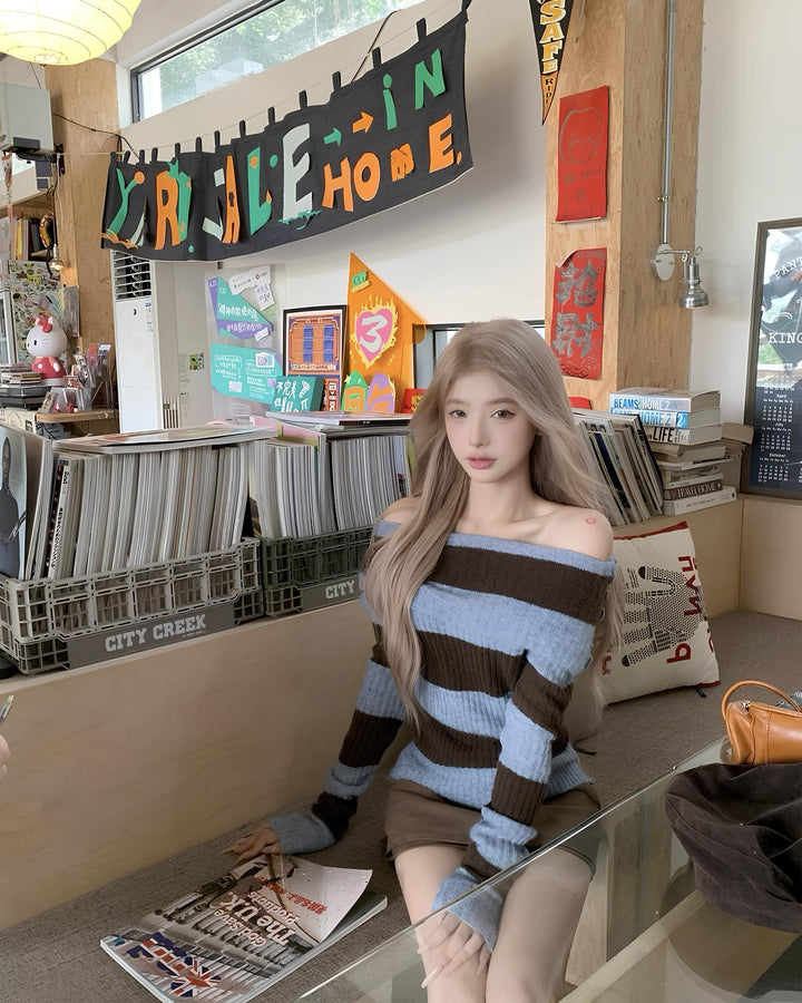 オフショルボーダーニットトップス Mc 644