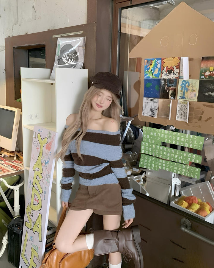 オフショルボーダーニットトップス Mc 644